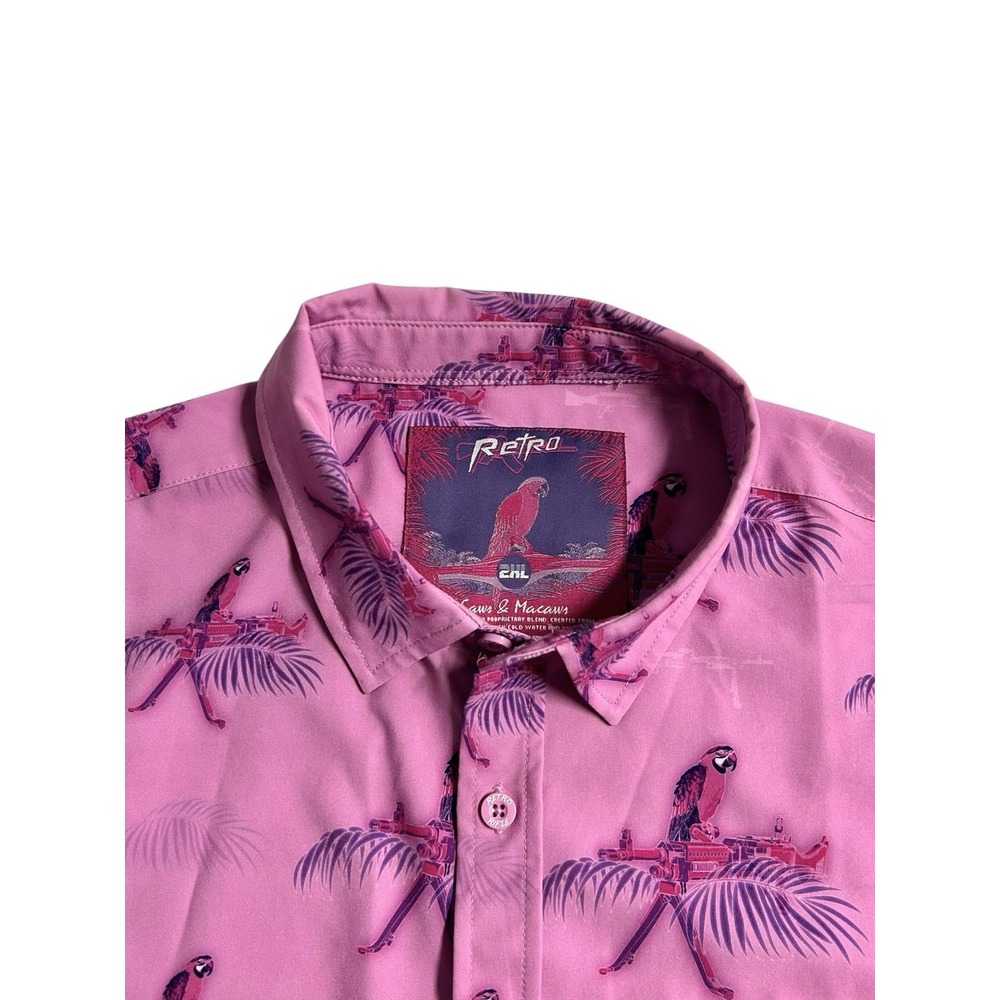 Retro Rifle Shirt Mens Saws Macaws Pink AOP Hawaiian Tropical Button Up Size 2XL - Picture 9 of 13